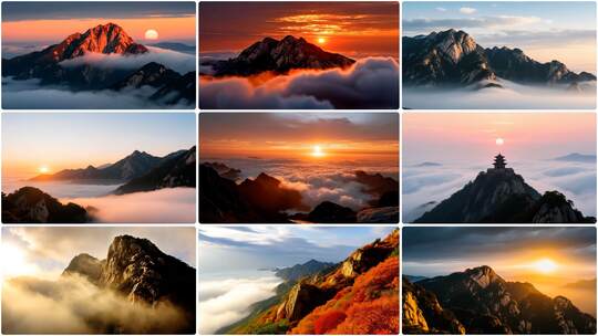 云海日出山峰壮丽景色 航拍泰山风起云涌高清在线视频素材下载