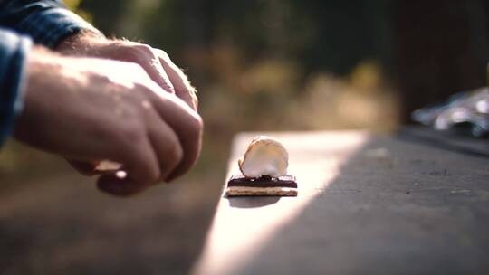 野外制作饼干加棉花糖的食物视频素材模板下载