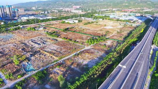 航拍太原晋阳湖西岸建筑晨曦