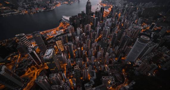 夜幕下香港建筑群航拍景观