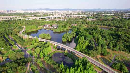 成都白鹭湾湿地公园和城市绿道白昼航拍实时