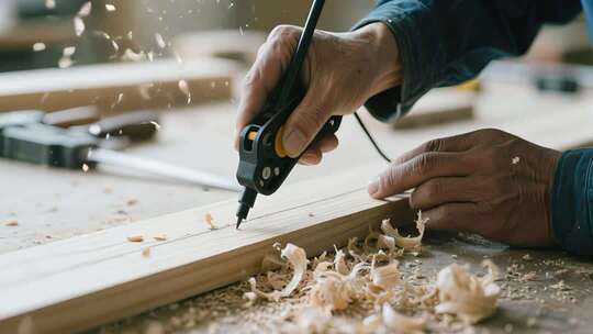 工匠木材上使用电动工具操作