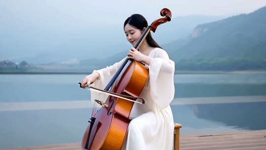 湖畔女子演奏大提琴