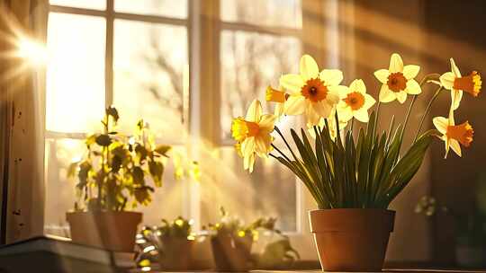窗边盆栽水仙花特写