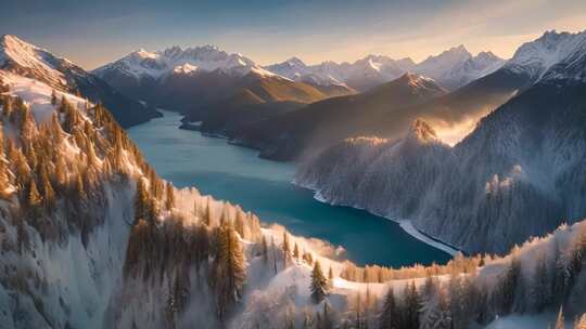 雪山湖泊全景，壮美自然风光