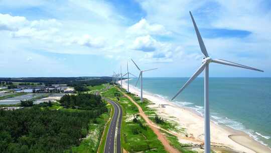 航拍海南文昌环岛旅游自驾旅行与新能源风车