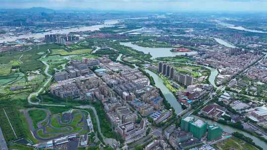 航拍珠江口发电厂东莞港口城乡结合地