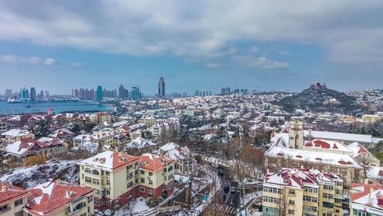 青岛城市风光雪景鸟瞰