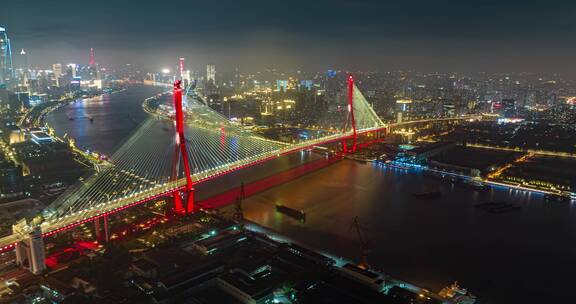 上海杨浦大桥夜景延时航拍