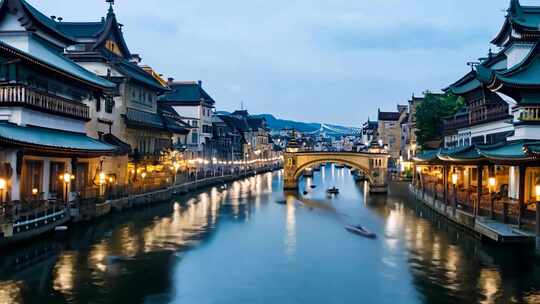 古色古香建筑沿河道分布的城市夜景