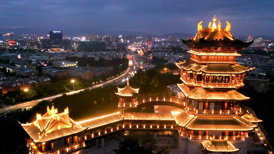 义乌鸡鸣山鸡鸣阁夜景航拍 合集