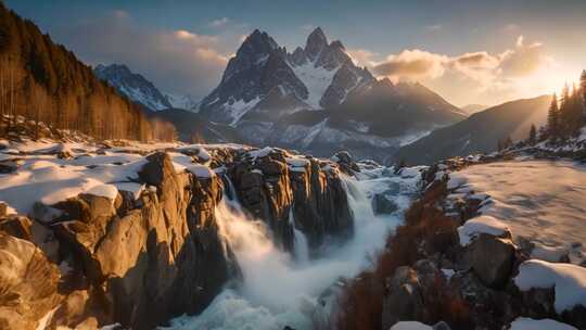 雪山下的湍急溪流与落日美景