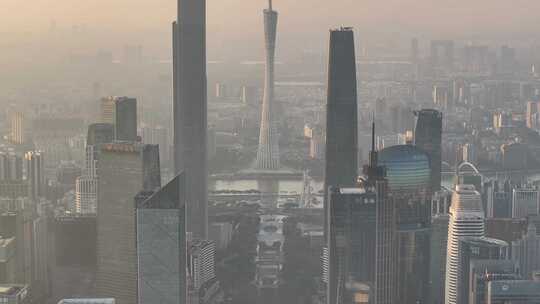 广州珠江新城中轴线地标建筑清晨航拍