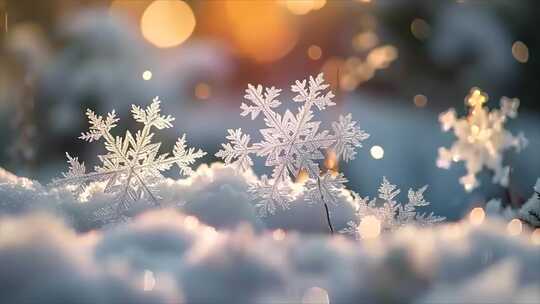 冬天雪花雪景下雪天冰晶雪花特写空镜头唯美视频素材模板下载