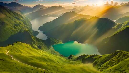 山间湖泊日出全景