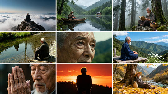 山林老人冥想山间休憩 老者与自然禅意瞬间