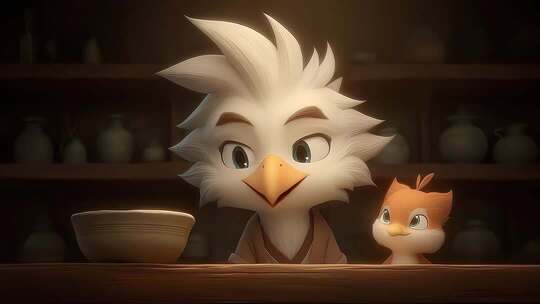 卡通动物角色温馨互动于古朴陶艺坊