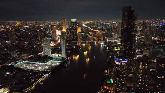 航拍泰国曼谷湄南河城市天际线夜景风光