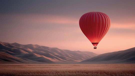 热气球飞跃沙漠山丘的壮丽景观