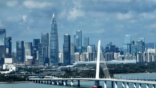 深圳湾跨海大桥上的城市地标建筑风光航拍