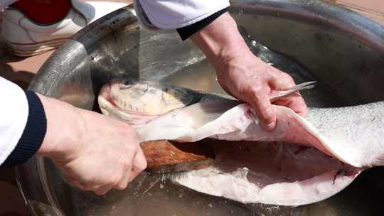 厨师清理大鱼