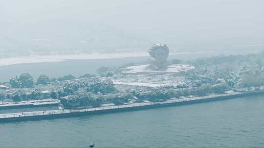 湖南长沙橘子洲头雪景航拍风光