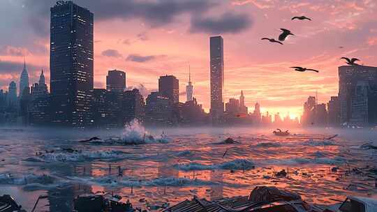 城市危机：汹涌海浪侵袭繁华都市末日景象