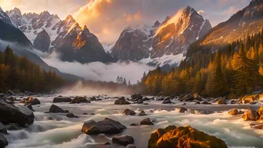 日照金山下的山间河流景观