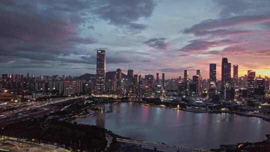 深圳湾人才公园看深圳CBD大厦和日落夜景