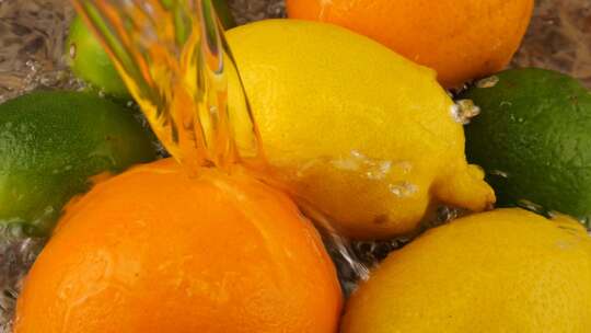 一股水流落在玻璃碗里的柑橘类水果、橙子、柠檬和酸橙上