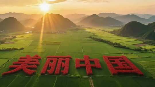 航拍田野上的美丽中国字样