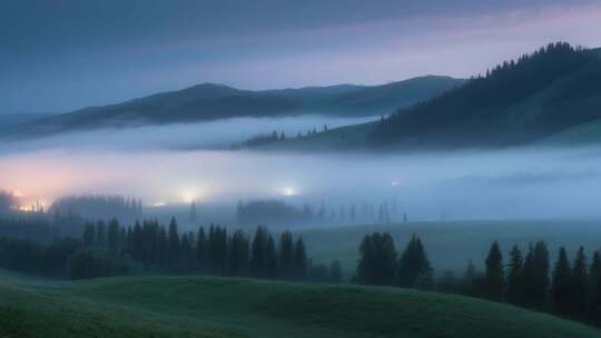 山间晨雾森林全景