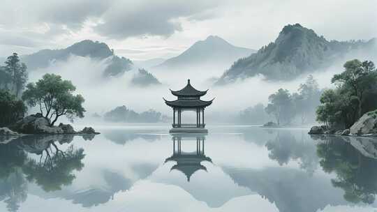 湖泊亭台倒影水墨中国风夏至旅游古典意境