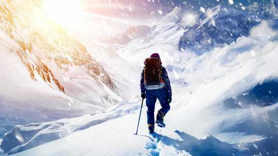 徒步旅行者在雪山中攀登的壮观景象