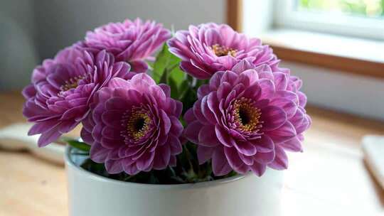 室内紫色菊花盆栽特写