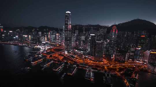 航拍香港维多利亚湾夜景和城市夜景