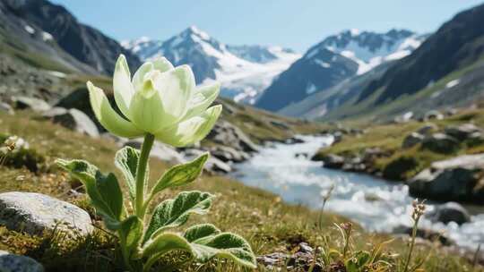 山间小花与溪流雪山风景