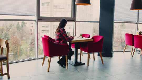 女人，咖啡馆，餐厅，手机