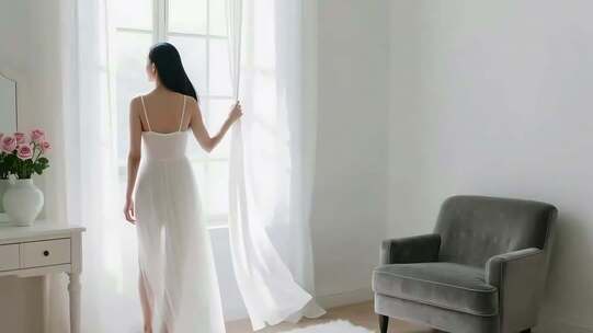 女子室内拉开窗帘场景素材