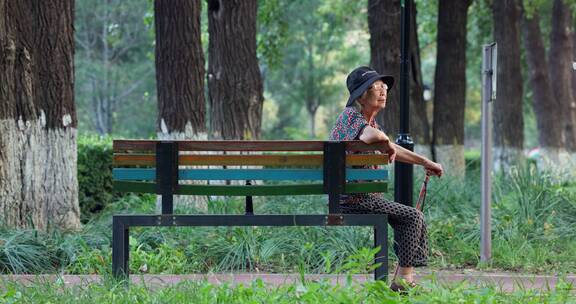老年人手拄着拐棍孤独的坐在公园长椅上