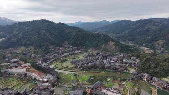 程阳八寨少数民族木房子建筑航拍