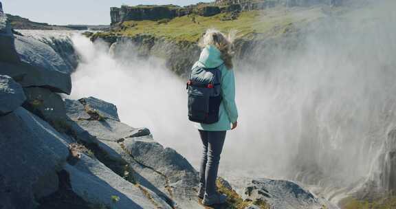 女人，Dettifoss，瀑布，冰岛