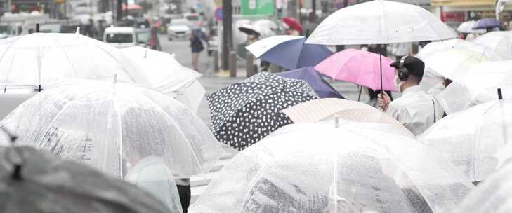 城市雨中行人十字路口人流过马路雨伞