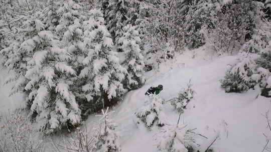 无人驾驶滑雪穿越白雪覆盖的森林