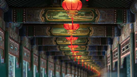 北京颐和园长廊灯笼亮灯延时摄影
