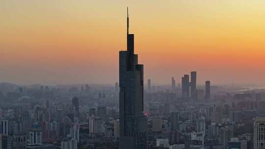 江苏南京CBD紫峰大厦建筑群日落夜景航拍