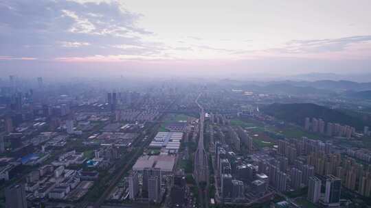 杭州滨江城市晨曦风景航拍