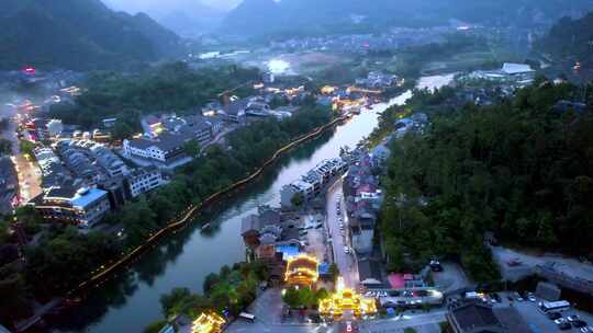 4K湘西边城夜景风光航拍视频