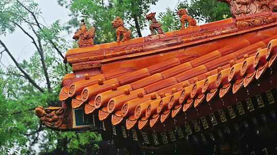 大雨中的北京故宫宫殿古建筑房檐琉璃瓦屋檐