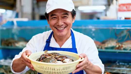 商贩手持装有螃蟹的篮子